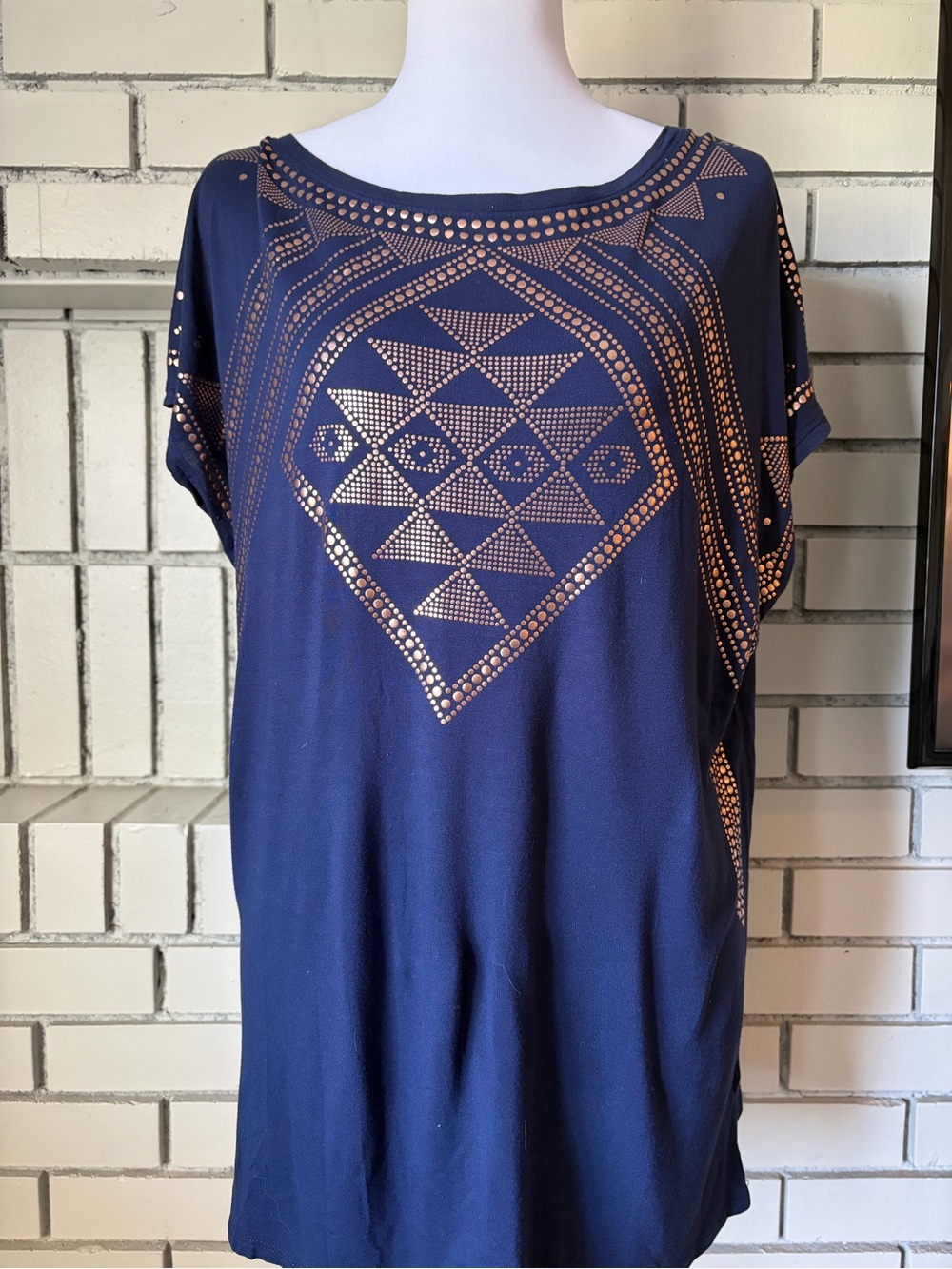 Navy Metallic Stud Geometric Short Sleeve Top